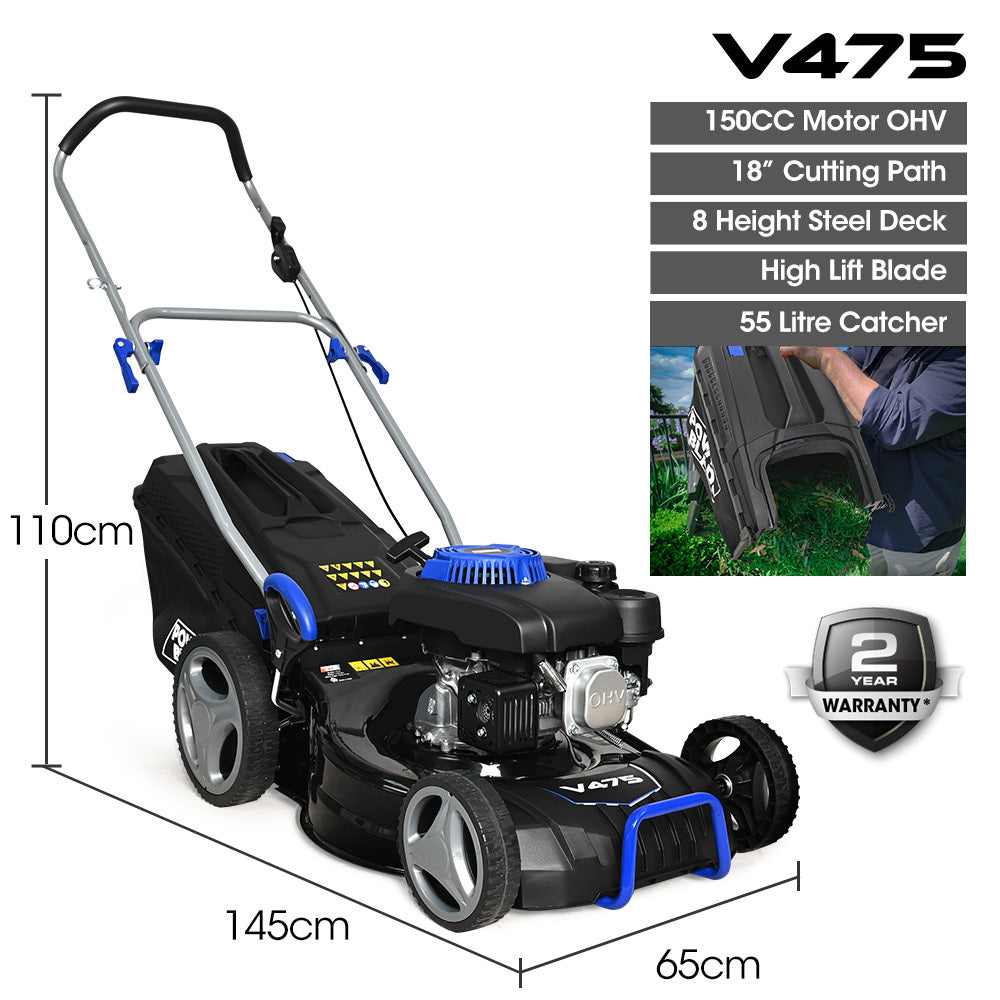 18 Meter Steel Deck Petrol Lawnmower, 150cc 4-Stroke, 8 Cutting Heights