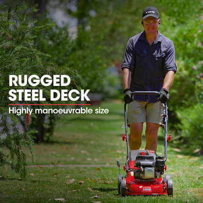 139cc Steel Deck Petrol Lawn Mower with 0.43m Deck and Height Adjustment