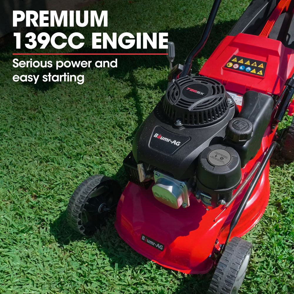 139cc Steel Deck Petrol Lawn Mower with 0.43m Deck and Height Adjustment