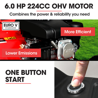 18" Electric Start Self-Propelled Lawn Mower, 6 HP, 224cc Engine, Steel Deck