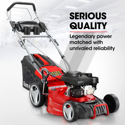 18' 150cc Self-Propelled Lawn Mower, Steel Deck, 7 Heights, 55L Catcher