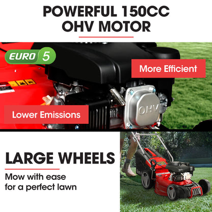 18' 150cc Self-Propelled Lawn Mower, Steel Deck, 7 Heights, 55L Catcher