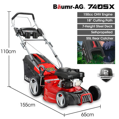18' 150cc Self-Propelled Lawn Mower, Steel Deck, 7 Heights, 55L Catcher