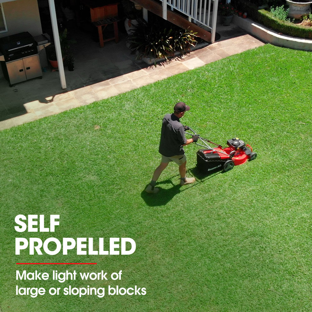 18' 150cc Self-Propelled Lawn Mower, Steel Deck, 7 Heights, 55L Catcher