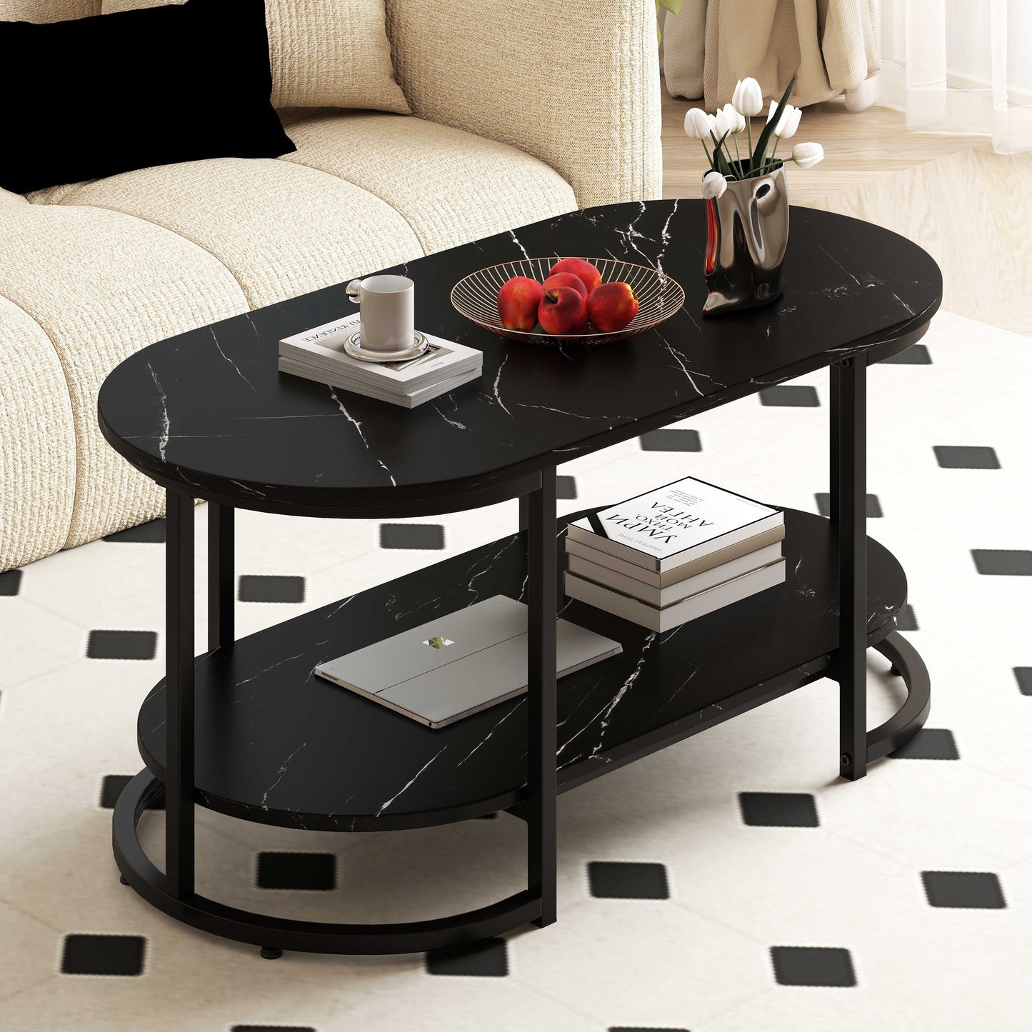 Marble Coffee Table Modern 2-Tier Center Table with Open Storage Shelf-Black