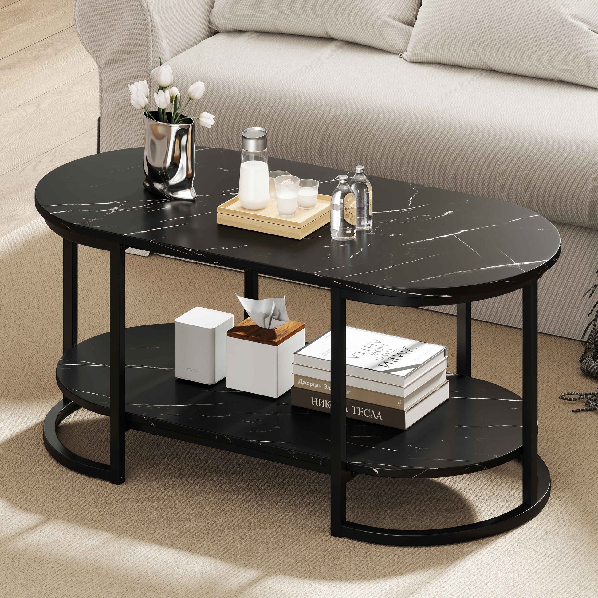 Marble Coffee Table Modern 2-Tier Center Table with Open Storage Shelf-Black
