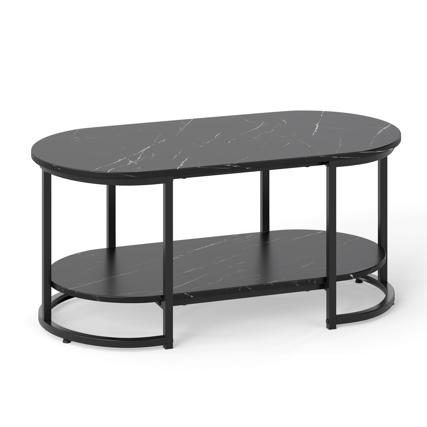 Marble Coffee Table Modern 2-Tier Center Table with Open Storage Shelf-Black