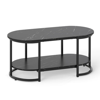 Marble Coffee Table Modern 2-Tier Center Table with Open Storage Shelf-Black