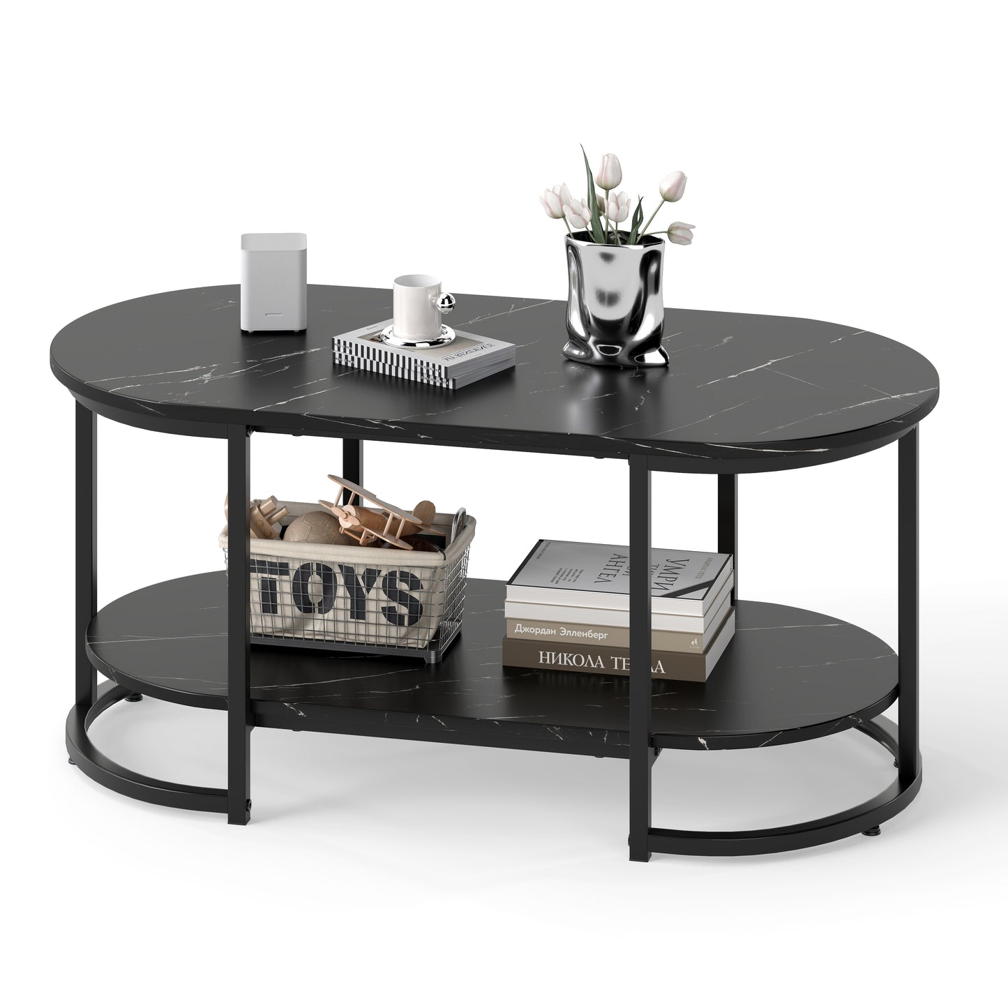 Marble Coffee Table Modern 2-Tier Center Table with Open Storage Shelf-Black