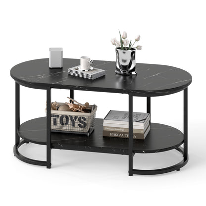 Marble Coffee Table Modern 2-Tier Center Table with Open Storage Shelf-Black