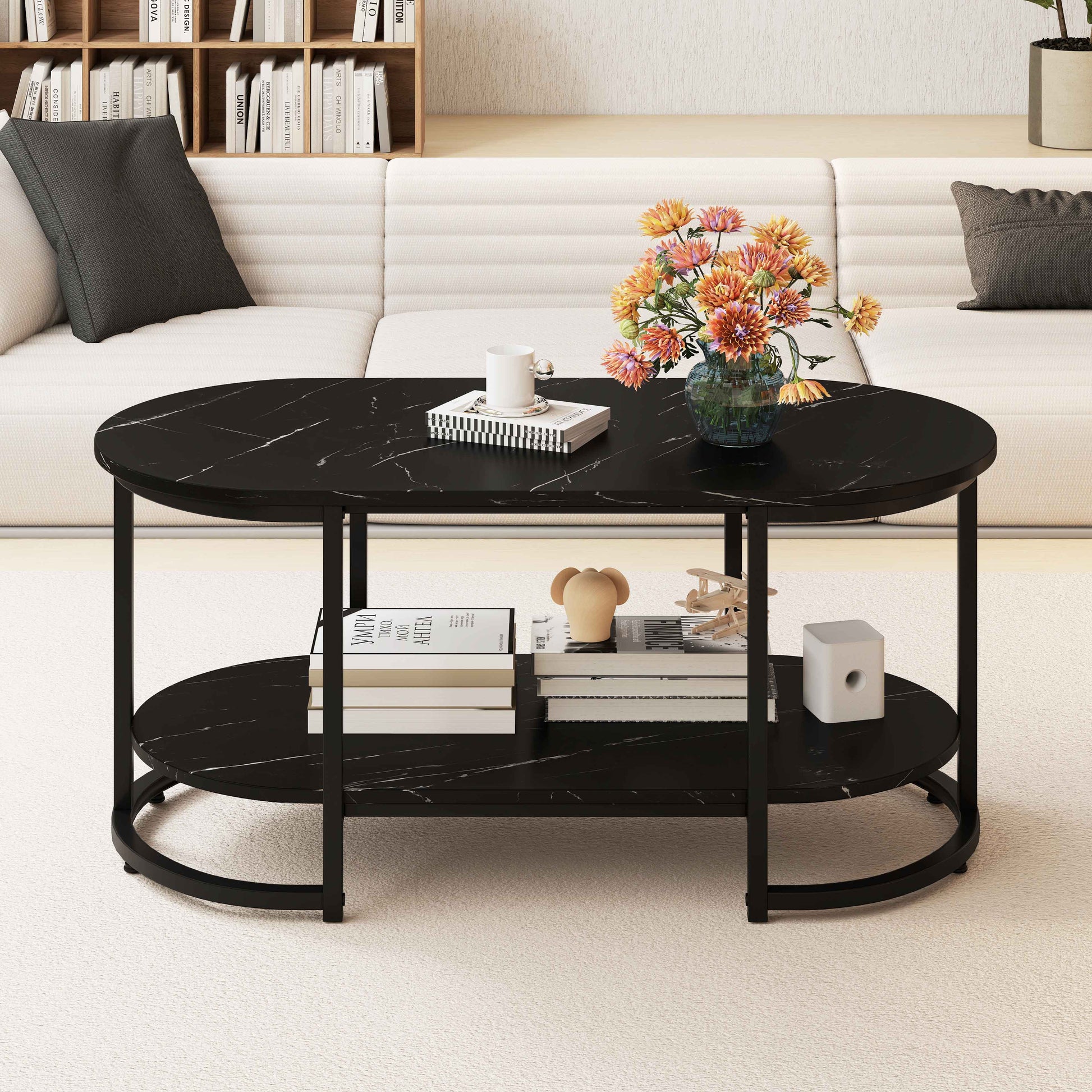 Marble Coffee Table Modern 2-Tier Center Table with Open Storage Shelf-Black