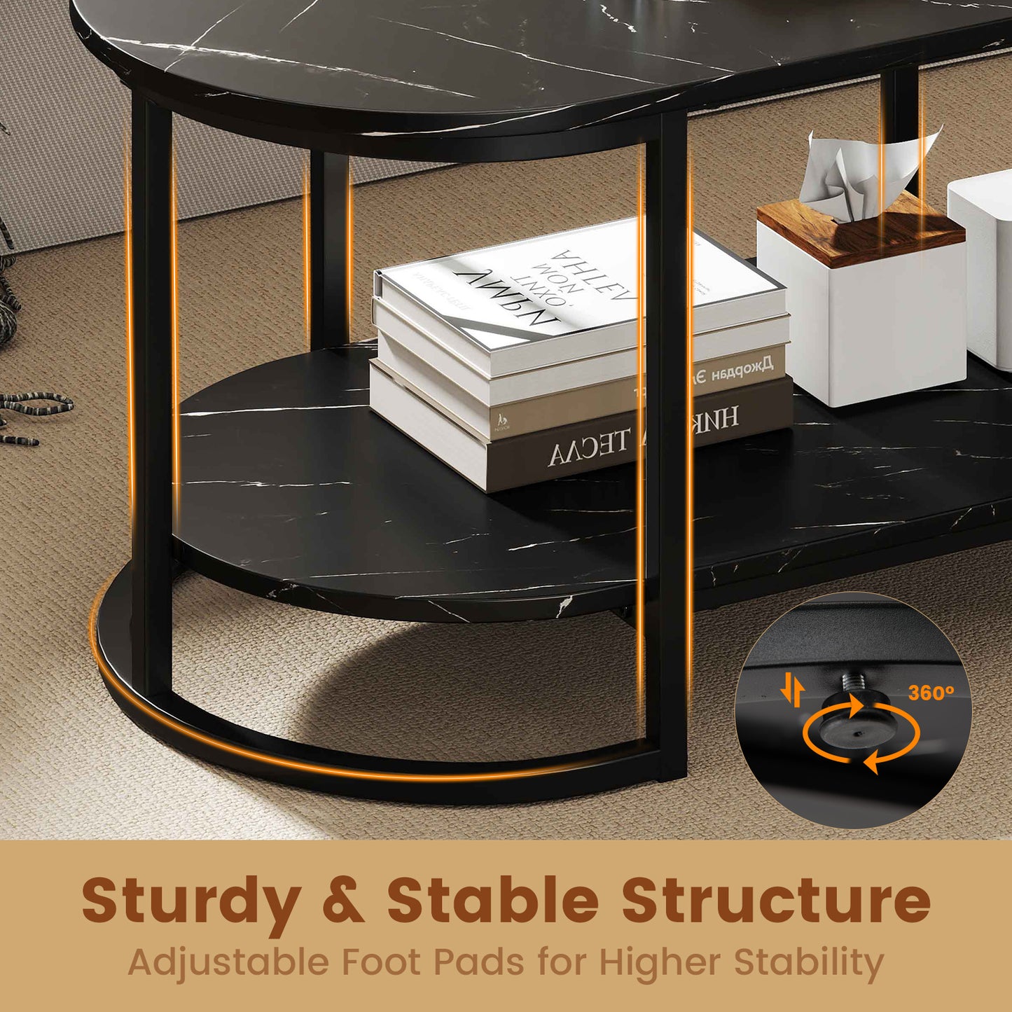Marble Coffee Table Modern 2-Tier Center Table with Open Storage Shelf-Black