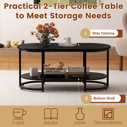 Marble Coffee Table Modern 2-Tier Center Table with Open Storage Shelf-Black