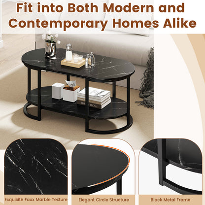 Marble Coffee Table Modern 2-Tier Center Table with Open Storage Shelf-Black