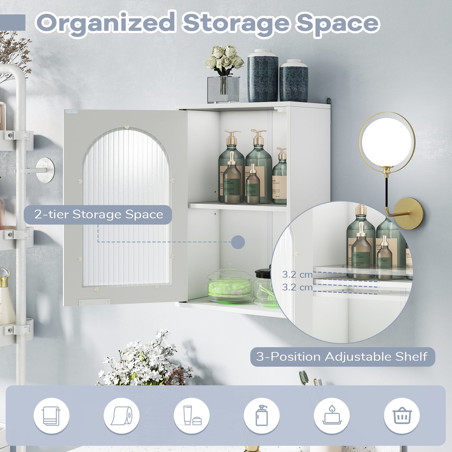Bathroom Wall Cabinet Medicine Cabinet with Tempered Glass Door-White