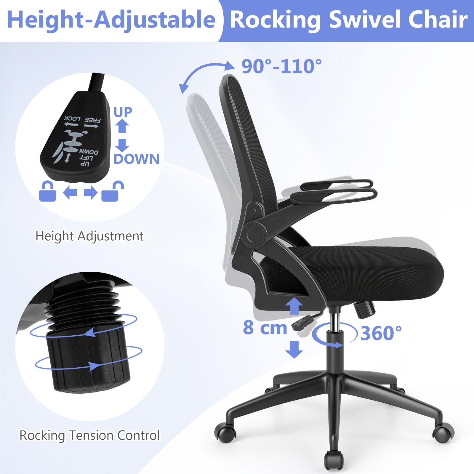 Mesh Ergonomic Computer Desk Chair with Lumbar Support and Flip-up Arms-Black