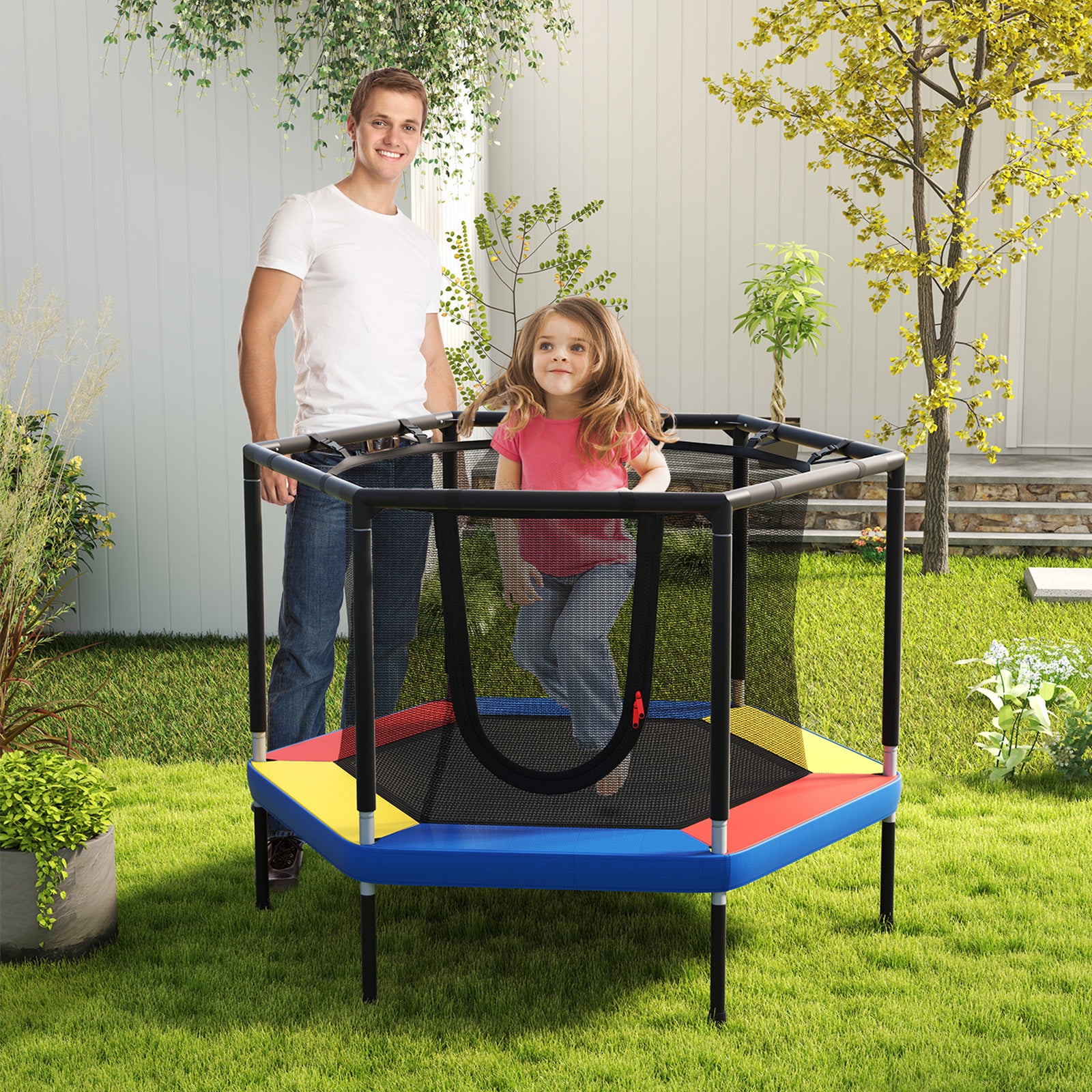 Mini Trampoline for Kids with Safety Enclosure Net and No-Gap Safe Design-Colourful