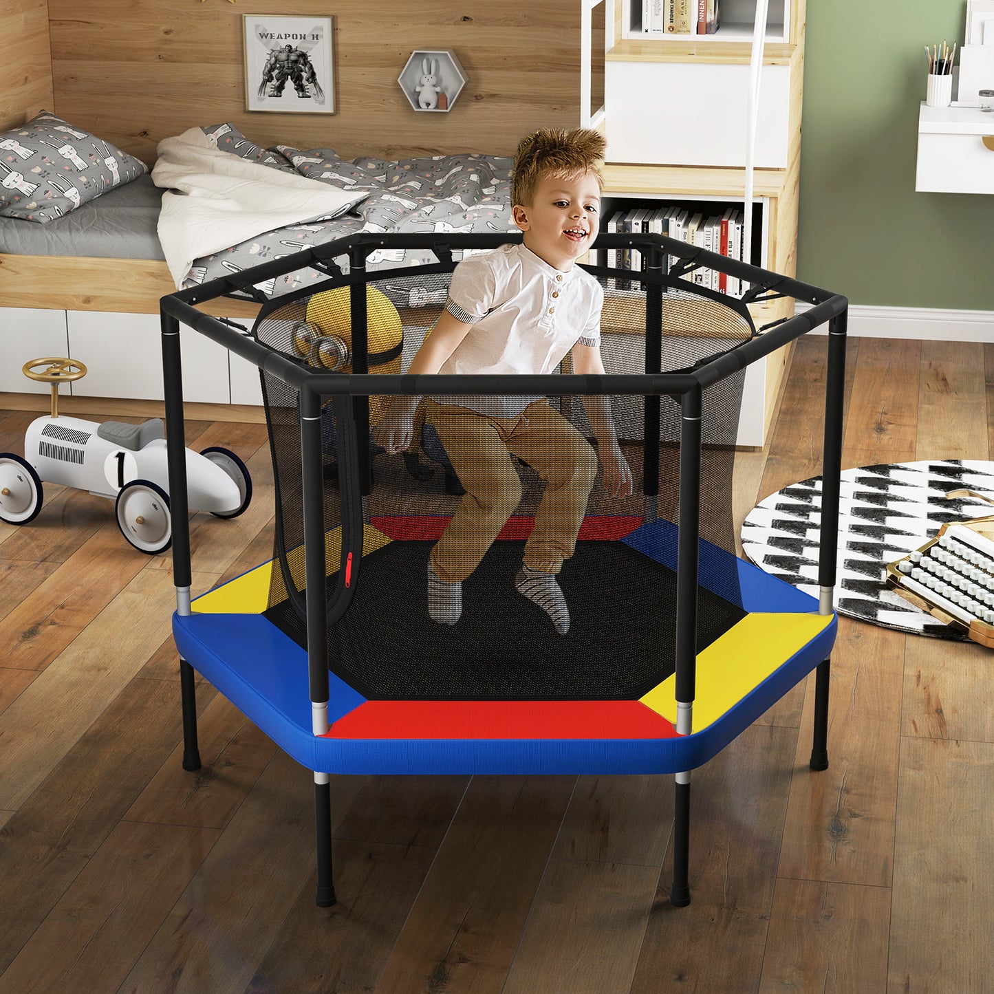 Mini Trampoline for Kids with Safety Enclosure Net and No-Gap Safe Design-Colourful