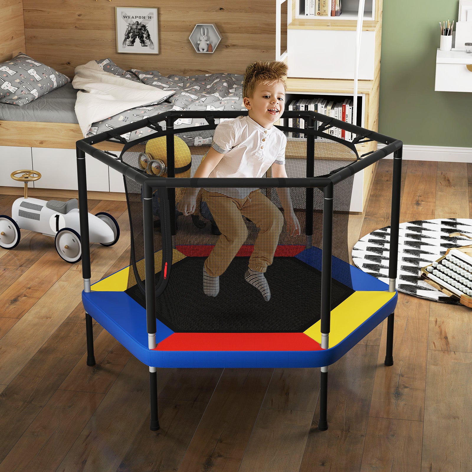 Mini Trampoline for Kids with Safety Enclosure Net and No-Gap Safe Design-Colourful