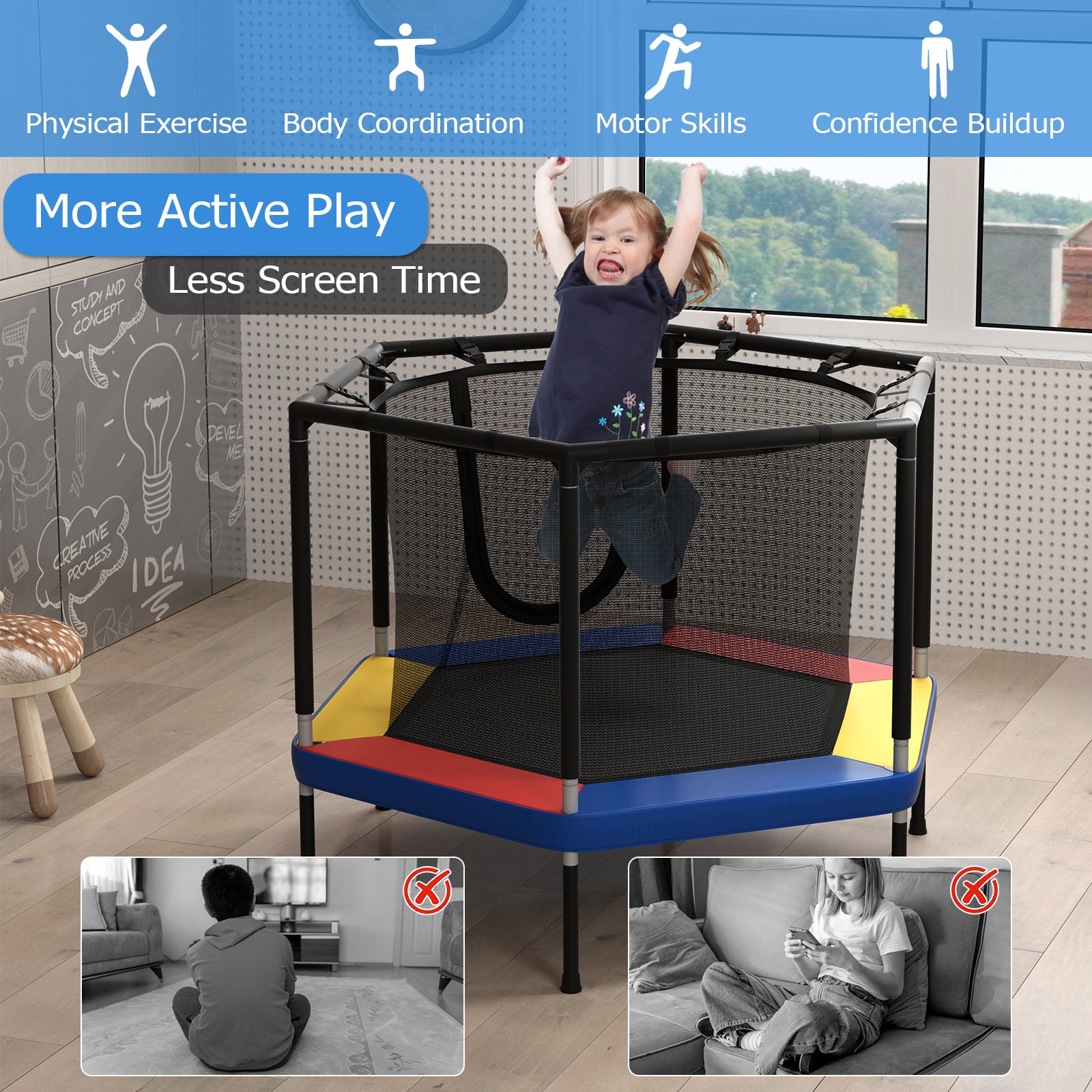 Mini Trampoline for Kids with Safety Enclosure Net and No-Gap Safe Design-Colourful