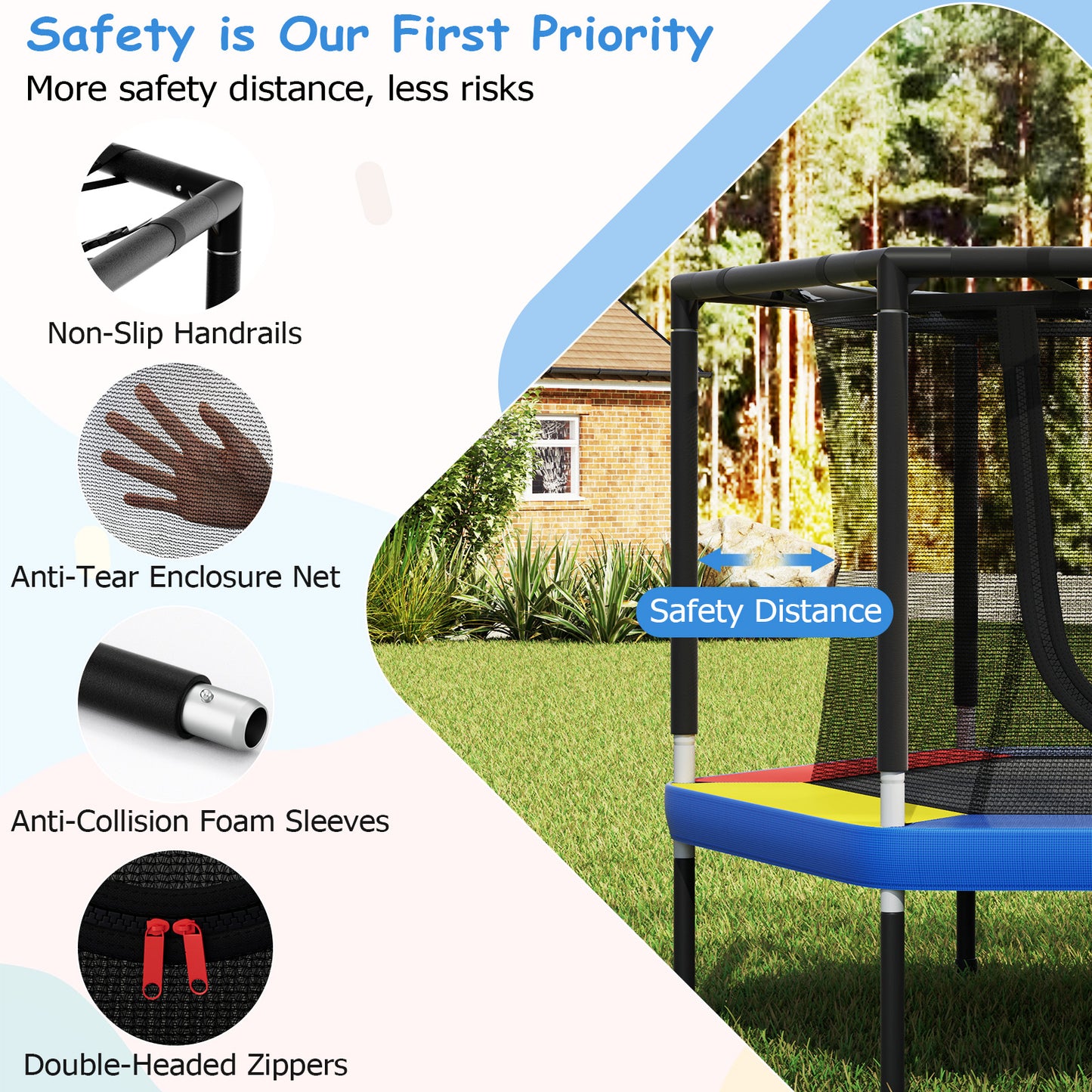 Mini Trampoline for Kids with Safety Enclosure Net and No-Gap Safe Design-Colourful