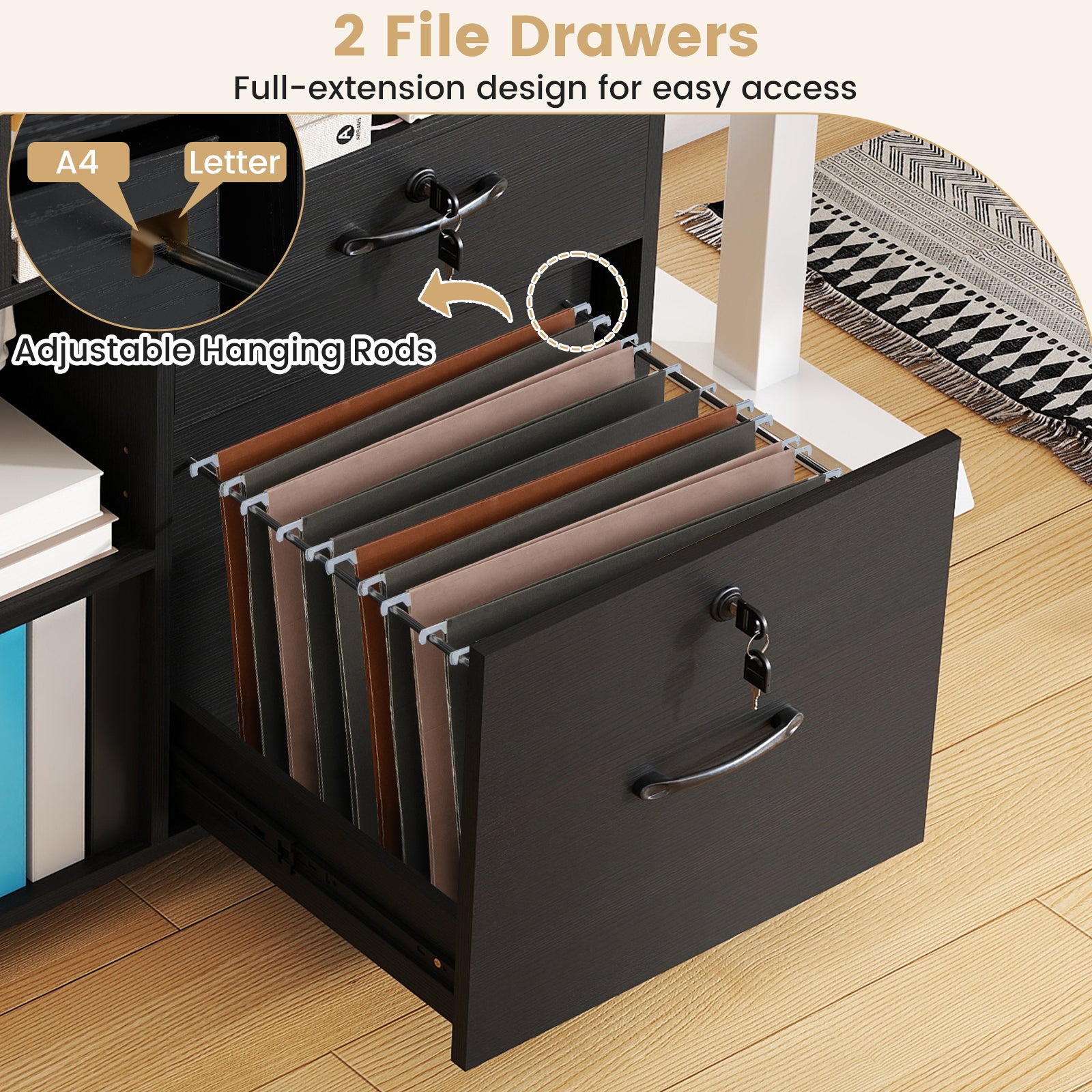 4-Drawer Mobile File Cabinet with Lock for Home Office-Black