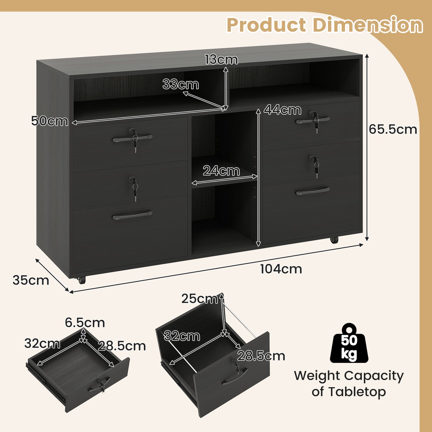 4-Drawer Mobile File Cabinet with Lock for Home Office-Black