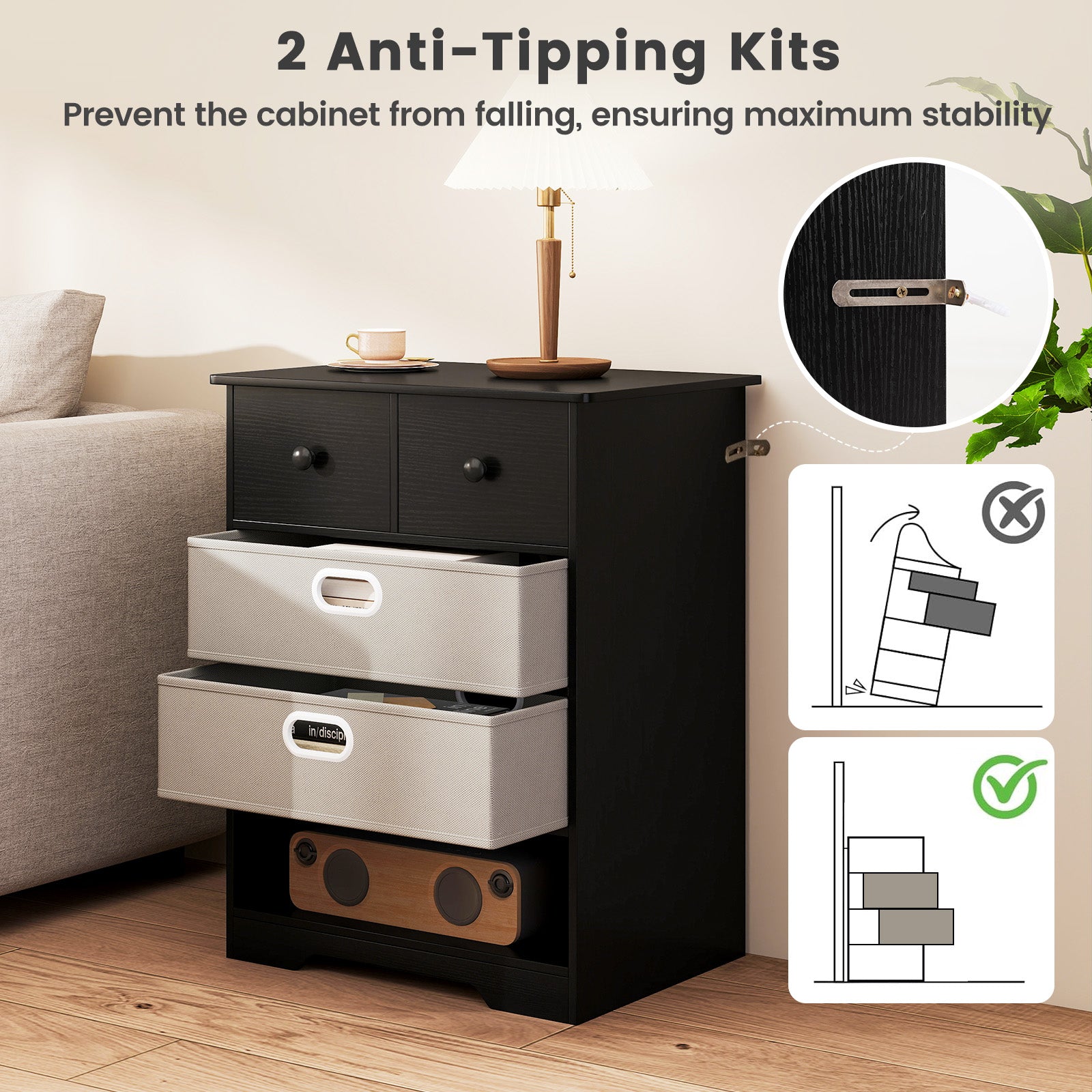 4-Drawer Dresser Modern Chest Storage Organizer Multifunctional Freestanding Nightstand-Black
