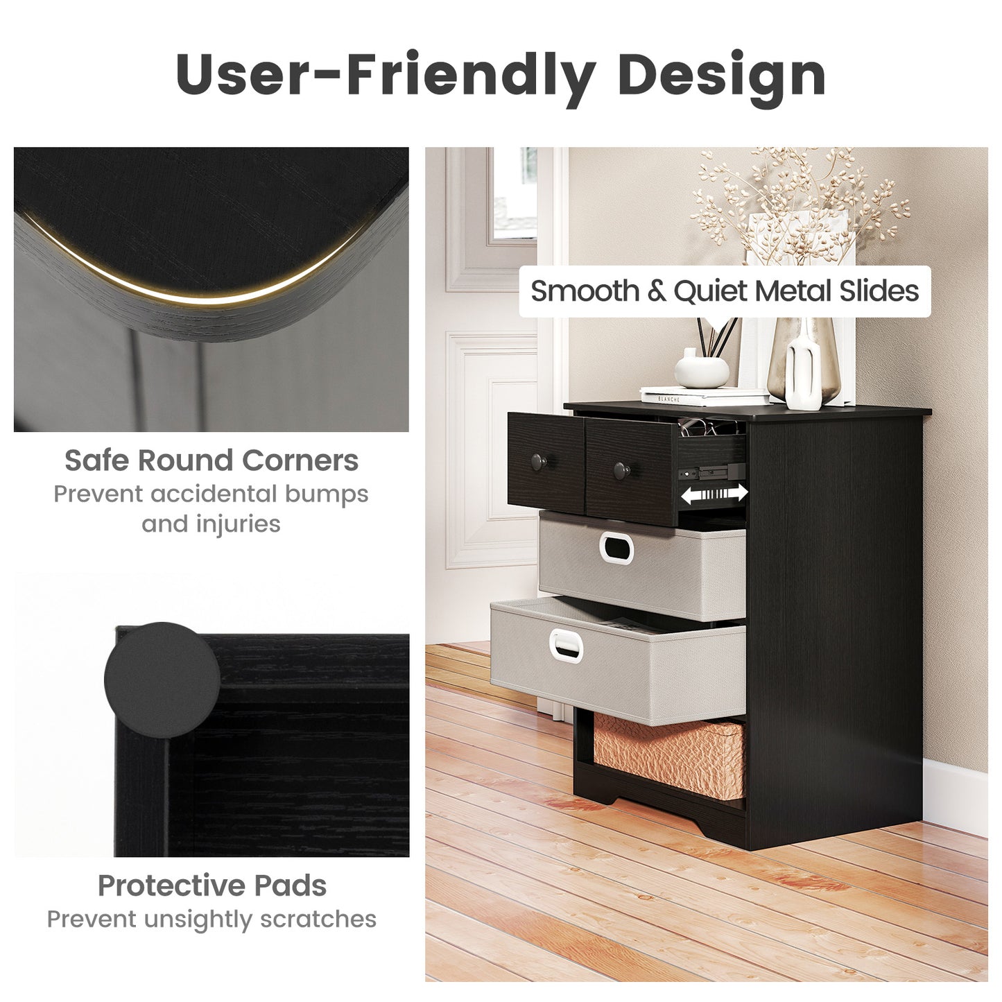 4-Drawer Dresser Modern Chest Storage Organizer Multifunctional Freestanding Nightstand-Black