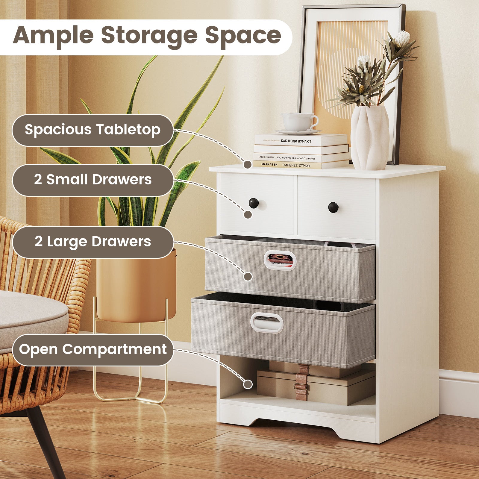 4-Drawer Dresser Modern Chest Storage Organizer Multifunctional Freestanding Nightstand-White