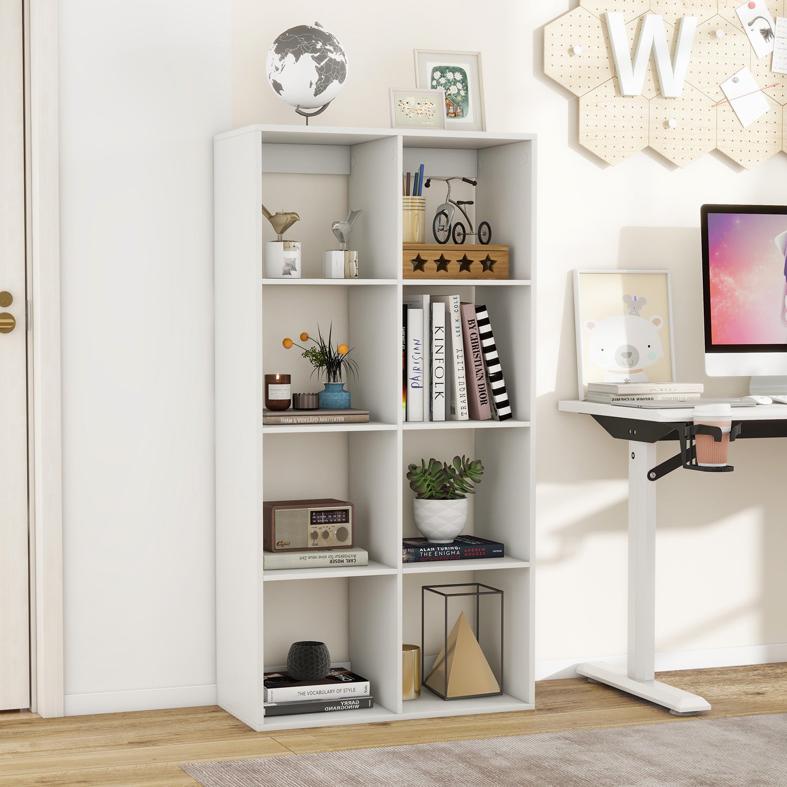 8-Cube Bookshelf Modern Cubby Bookcase with Back Guardrail and Anti-tipping Kits-White