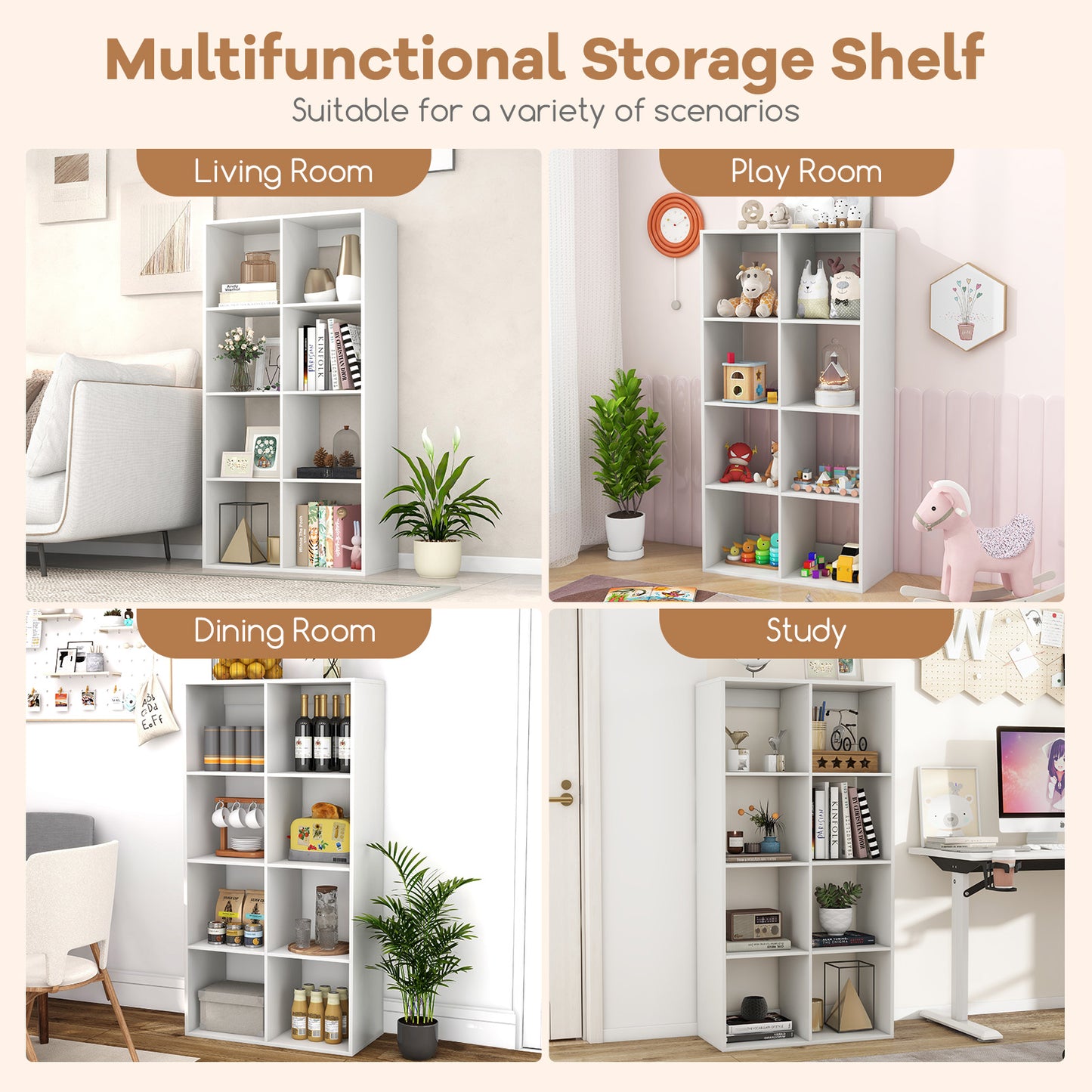 8-Cube Bookshelf Modern Cubby Bookcase with Back Guardrail and Anti-tipping Kits-White