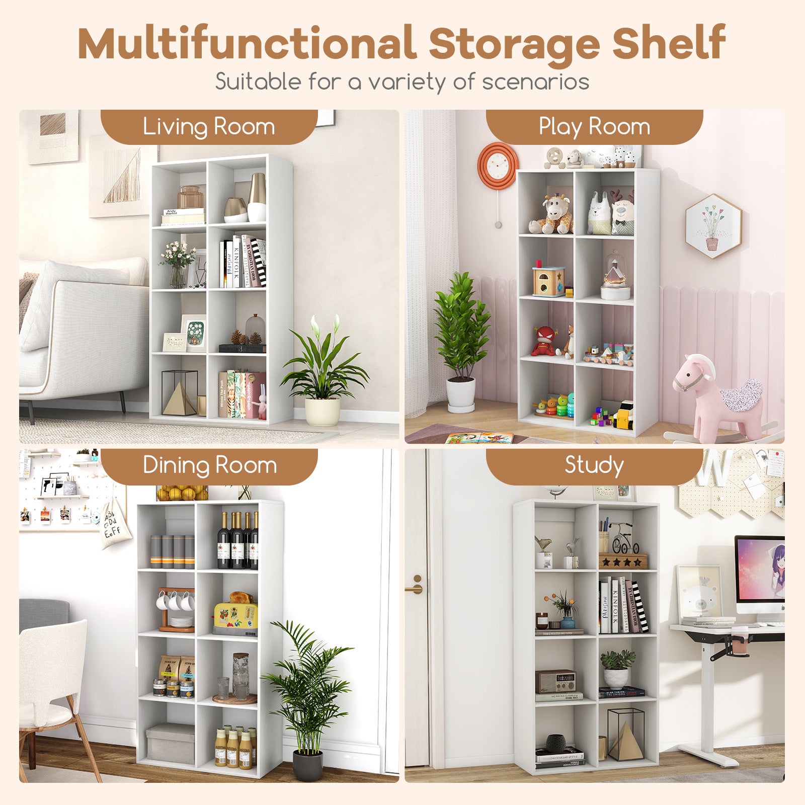 8-Cube Bookshelf Modern Cubby Bookcase with Back Guardrail and Anti-tipping Kits-White