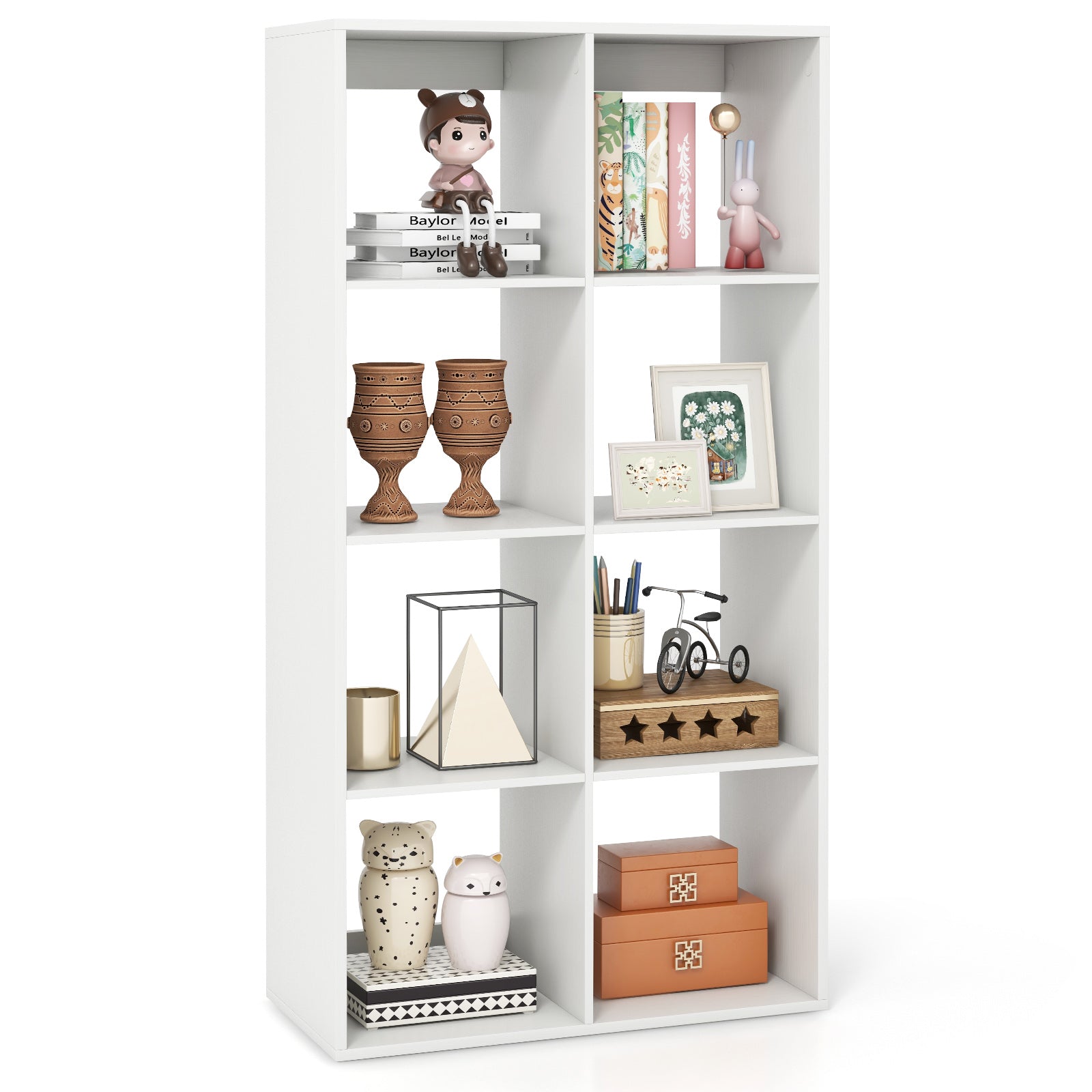 8-Cube Bookshelf Modern Cubby Bookcase with Back Guardrail and Anti-tipping Kits-White