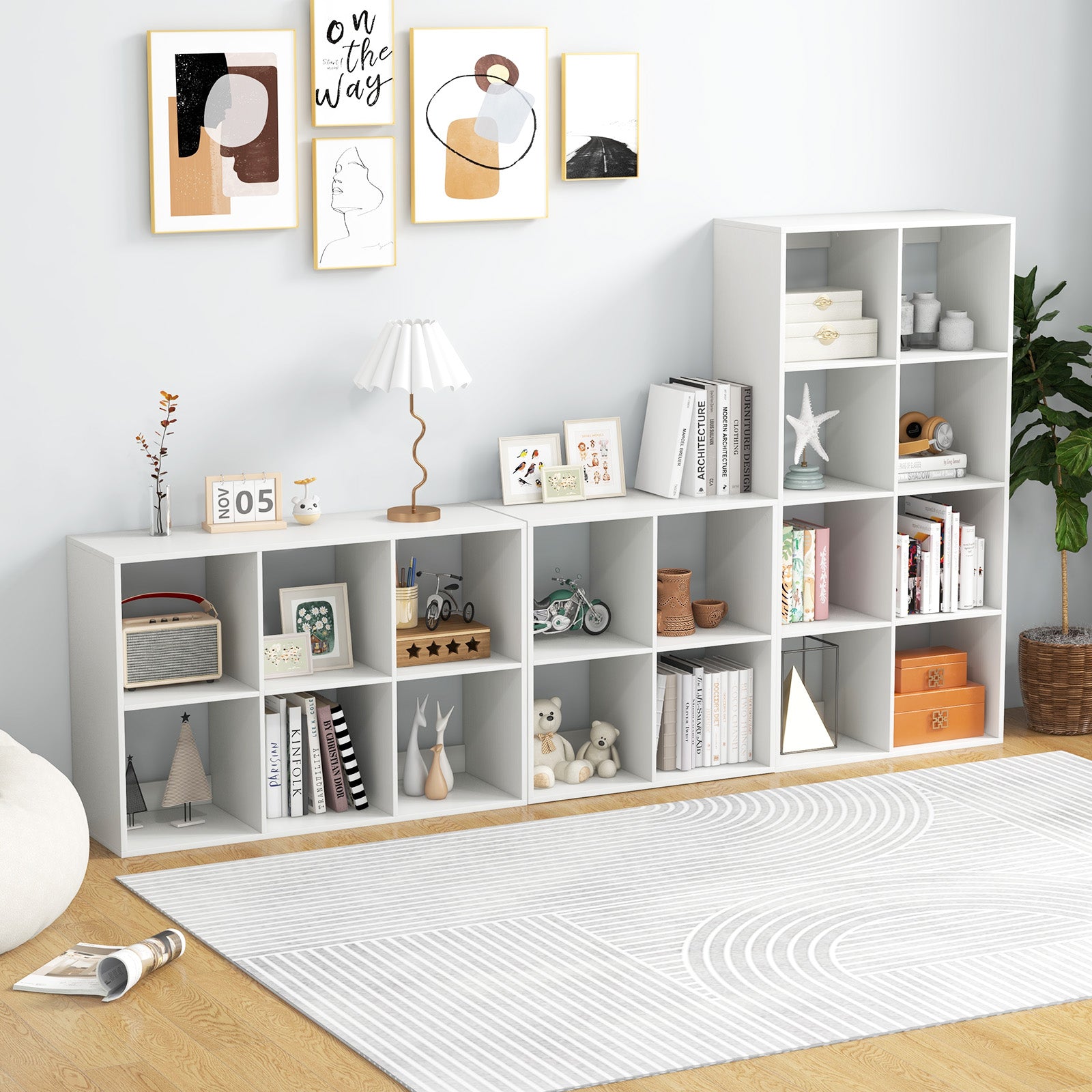 8-Cube Bookshelf Modern Cubby Bookcase with Back Guardrail and Anti-tipping Kits-White