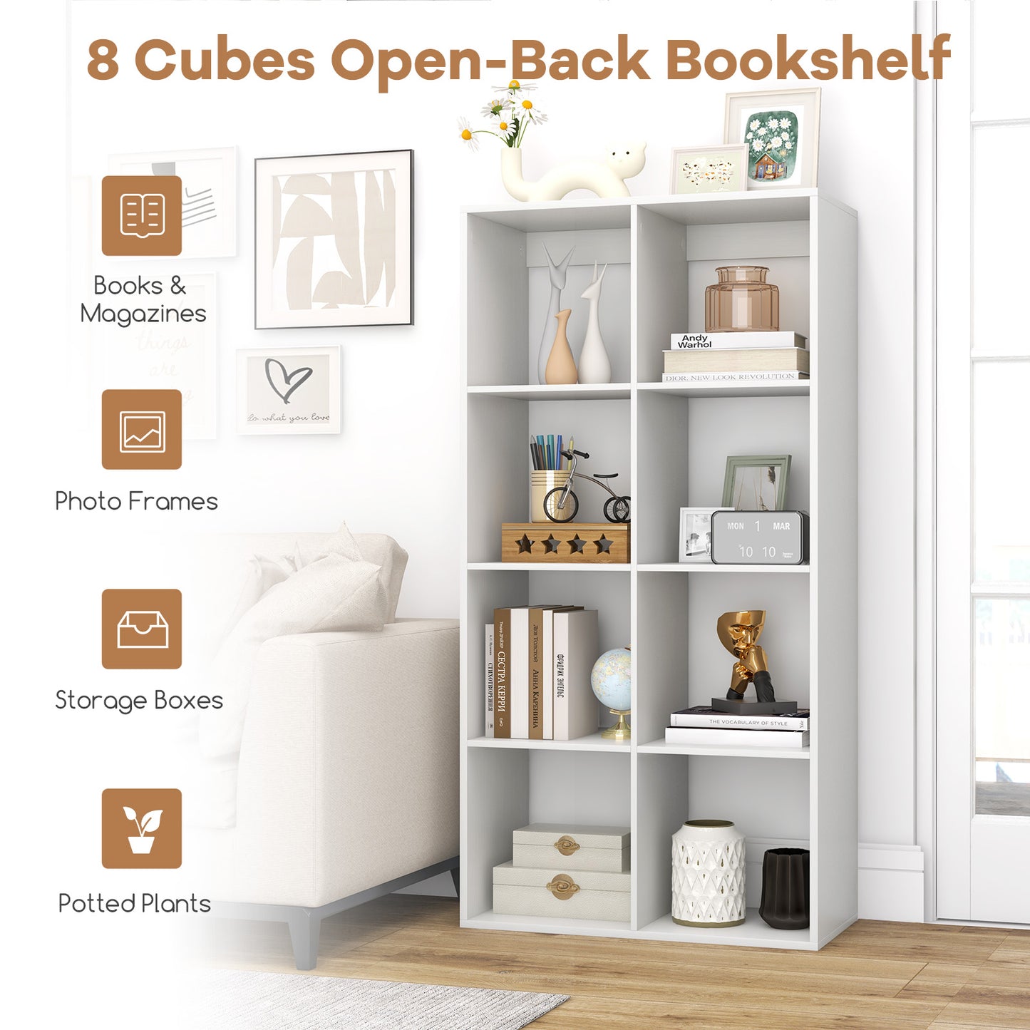8-Cube Bookshelf Modern Cubby Bookcase with Back Guardrail and Anti-tipping Kits-White