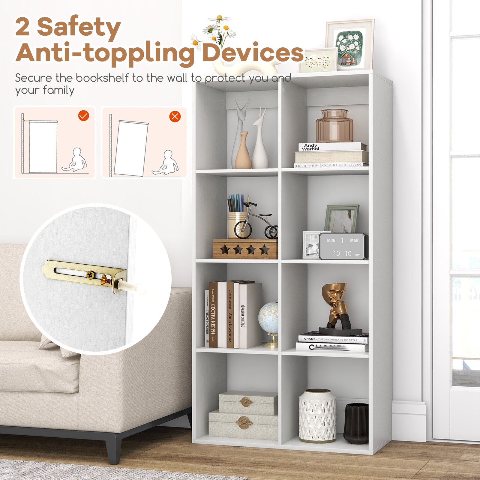 8-Cube Bookshelf Modern Cubby Bookcase with Back Guardrail and Anti-tipping Kits-White