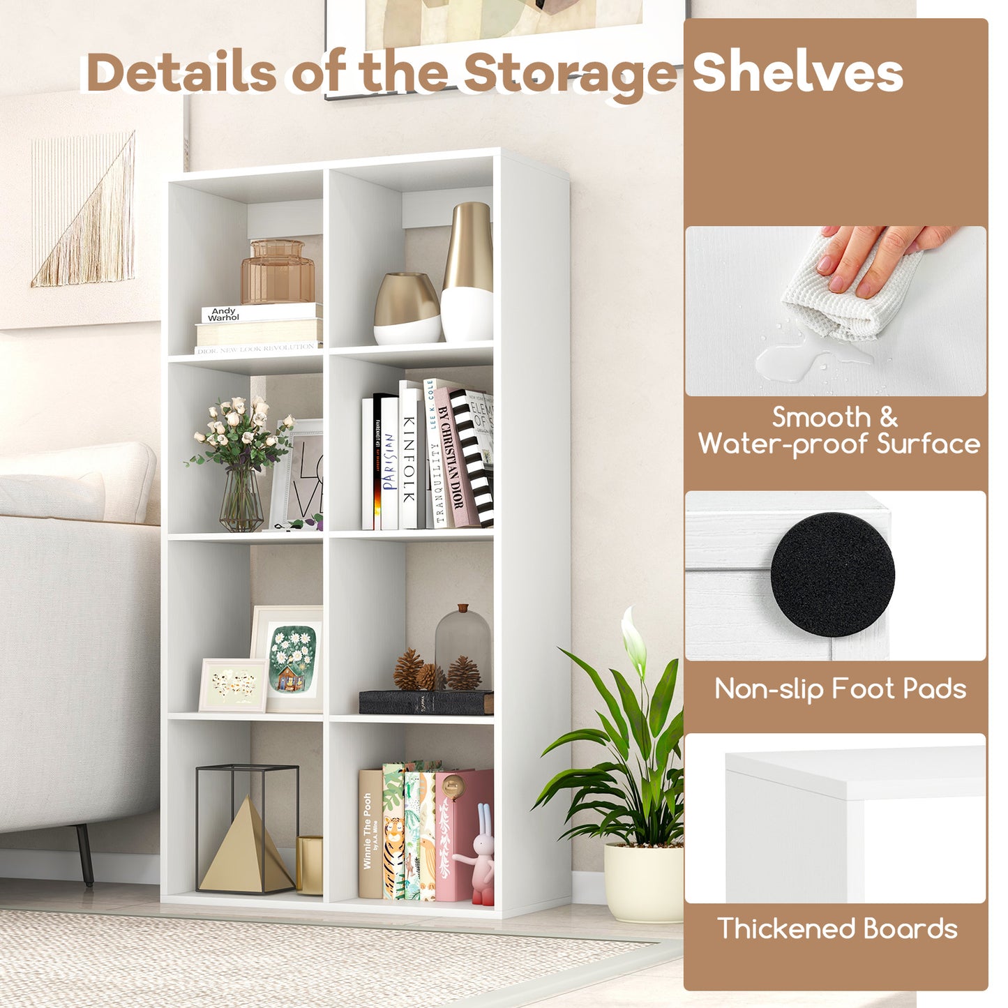 8-Cube Bookshelf Modern Cubby Bookcase with Back Guardrail and Anti-tipping Kits-White