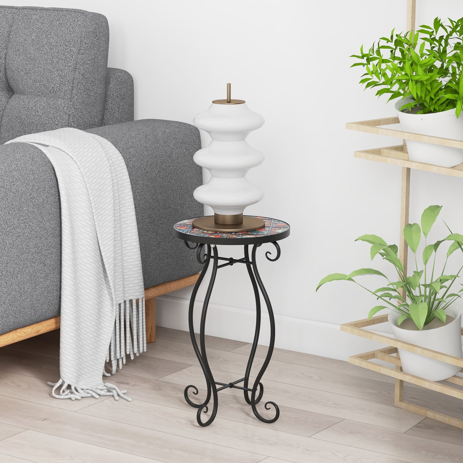 Outdoor Plant Stand with Ceramic Tile Top and Appealing Patterns