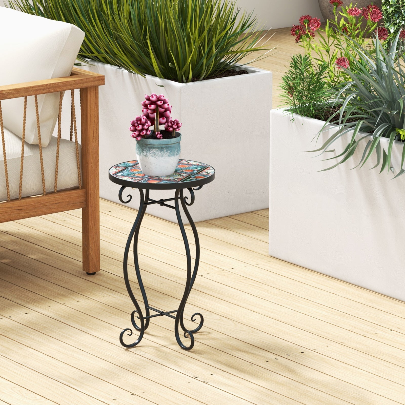 Outdoor Plant Stand with Ceramic Tile Top and Appealing Patterns