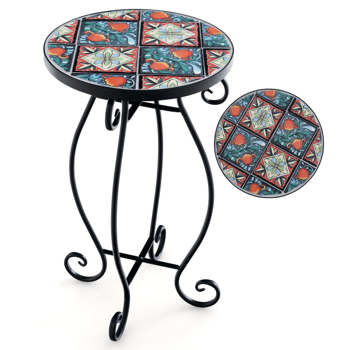 Outdoor Plant Stand with Ceramic Tile Top and Appealing Patterns