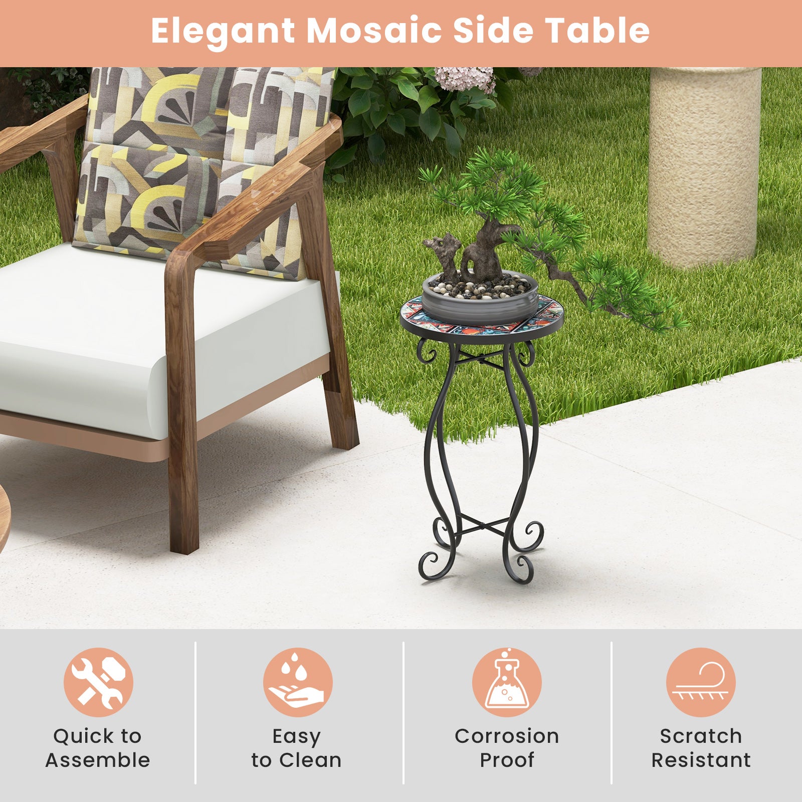 Outdoor Plant Stand with Ceramic Tile Top and Appealing Patterns