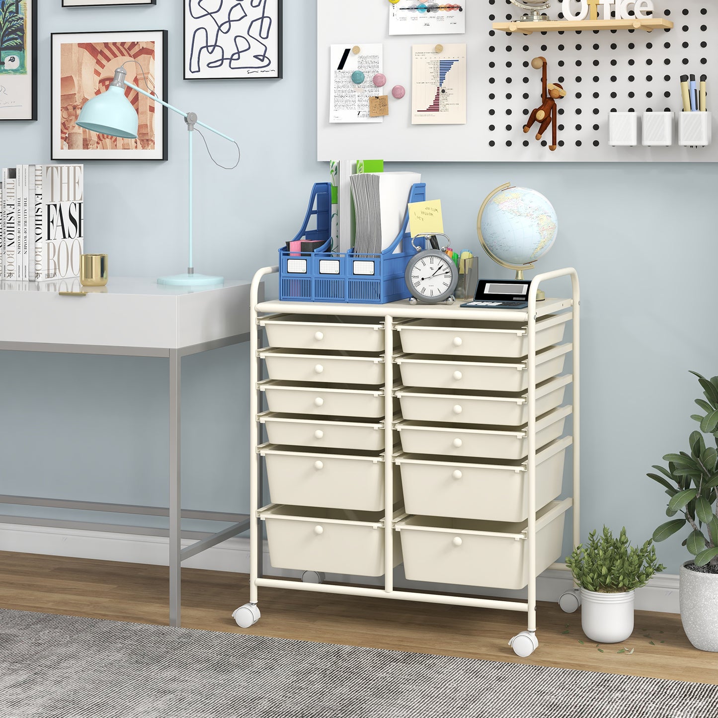 Movable 12-Drawer Storage Trolley with 2 lockable for Home Office-White