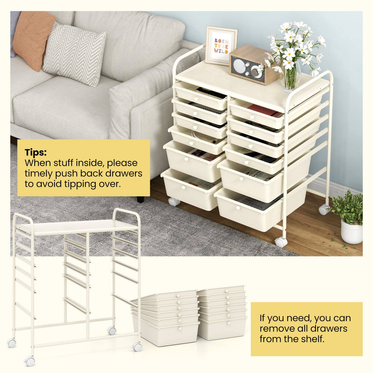 Movable 12-Drawer Storage Trolley with 2 lockable for Home Office-White