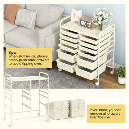 Movable 12-Drawer Storage Trolley with 2 lockable for Home Office-White