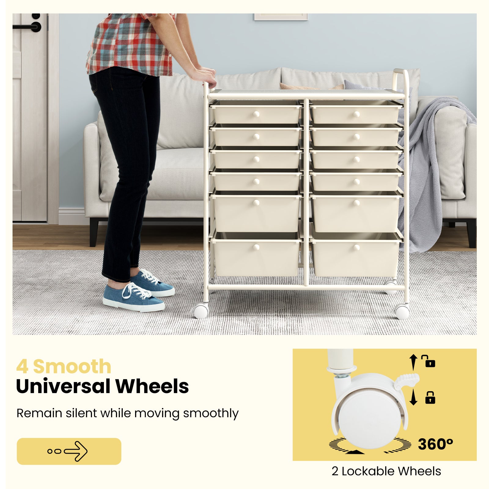 Movable 12-Drawer Storage Trolley with 2 lockable for Home Office-White