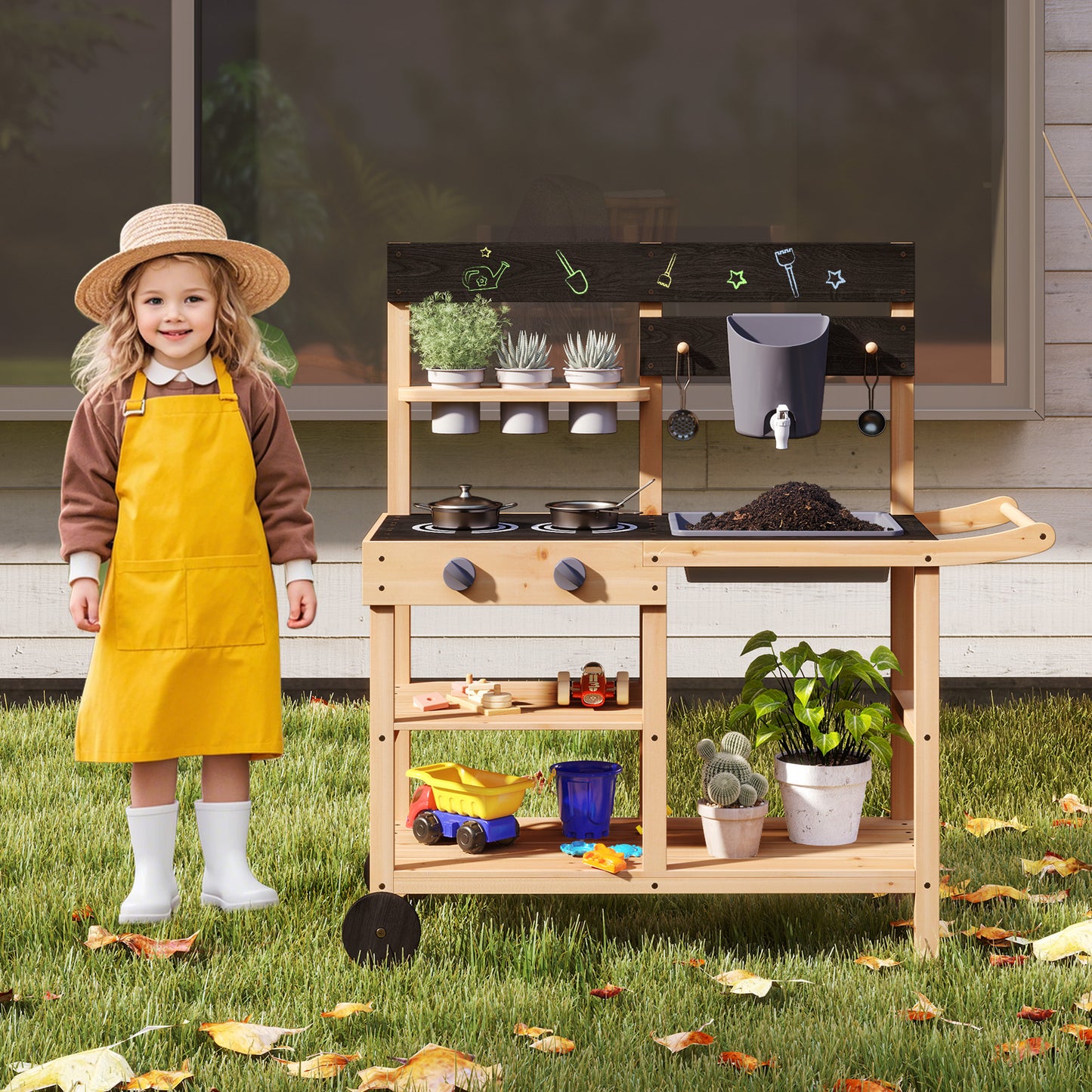 Outdoor Fir Wood Mud Kitchen with Wheels and Accessories-Natural