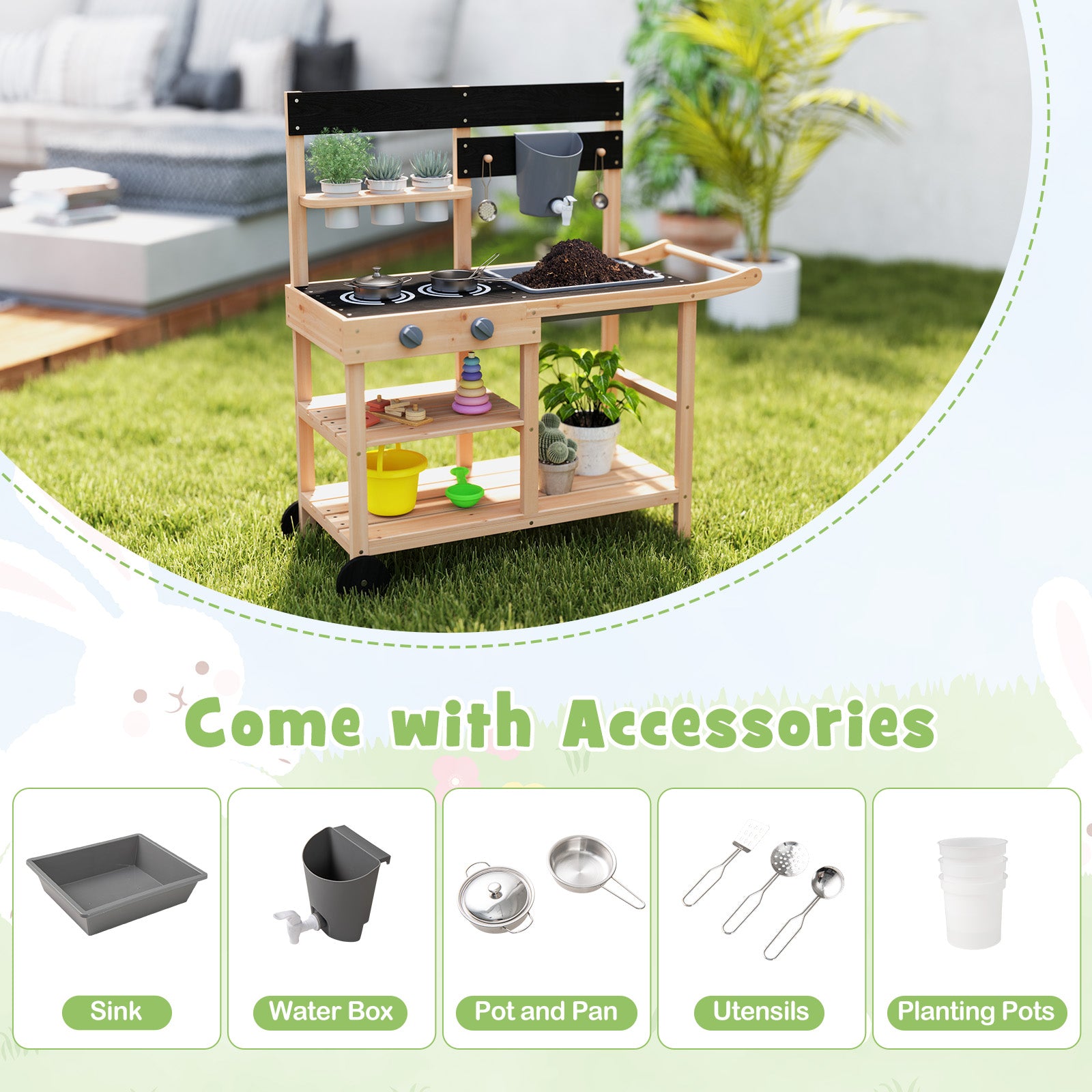 Outdoor Fir Wood Mud Kitchen with Wheels and Accessories-Natural