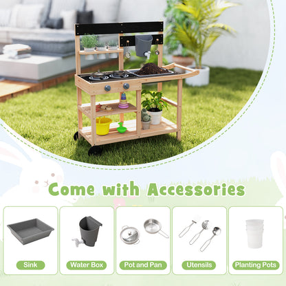 Outdoor Fir Wood Mud Kitchen with Wheels and Accessories-Natural