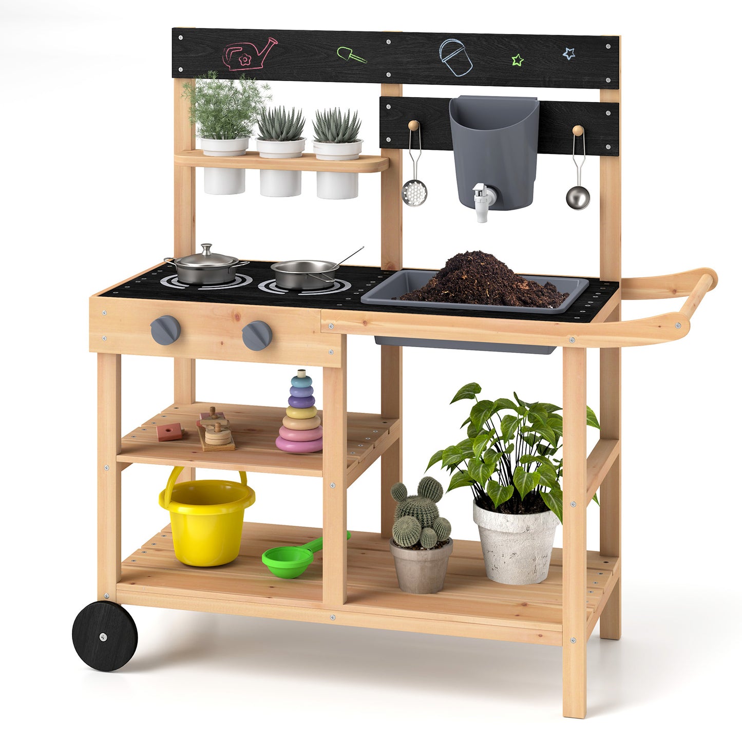 Outdoor Fir Wood Mud Kitchen with Wheels and Accessories-Natural